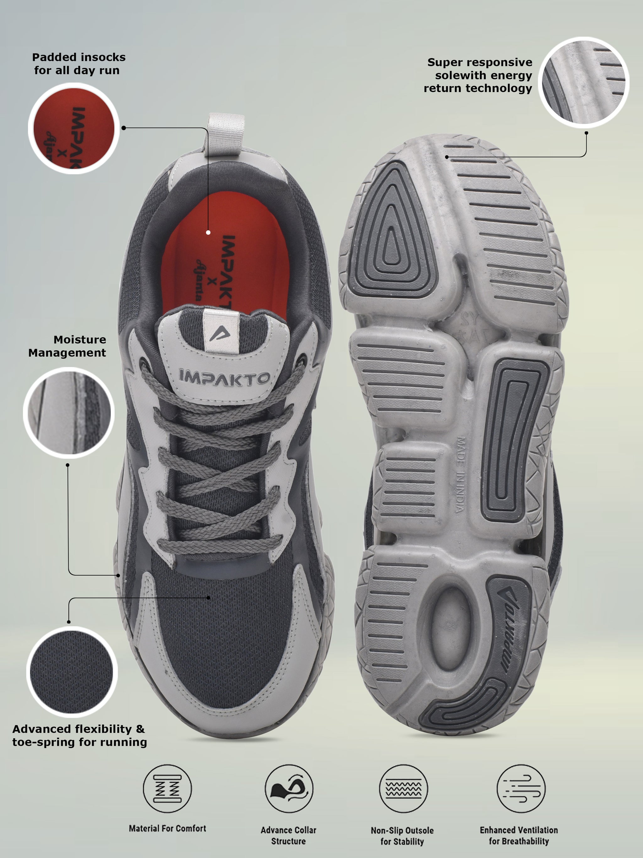 Impakto Motion Booster Running Shoes with Toe-Spring and Padded Insoles for Men AS3278