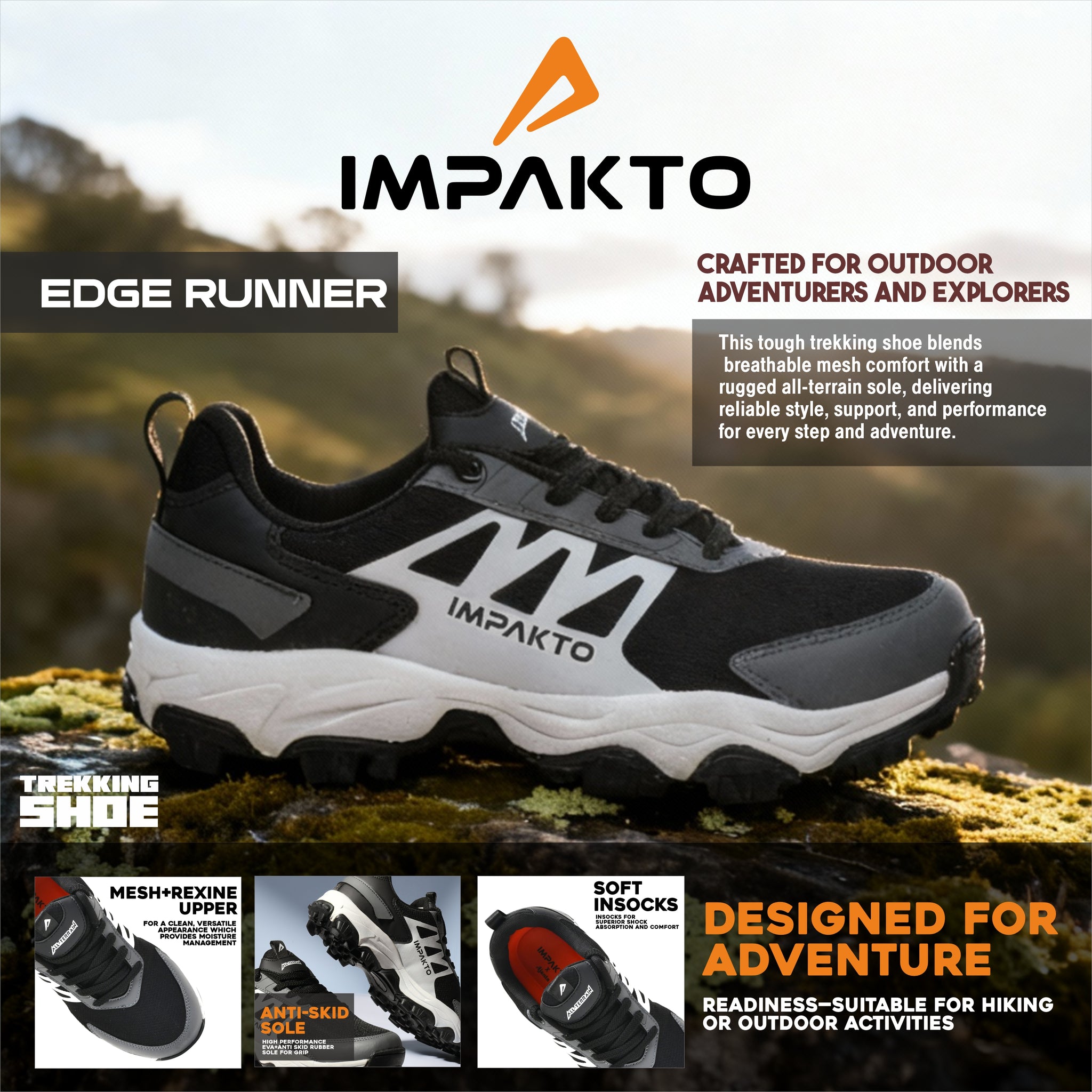 Impakto EdgeRunner Rooted Big Toe Box Trekking & Hiking Shoes for Men AS3258